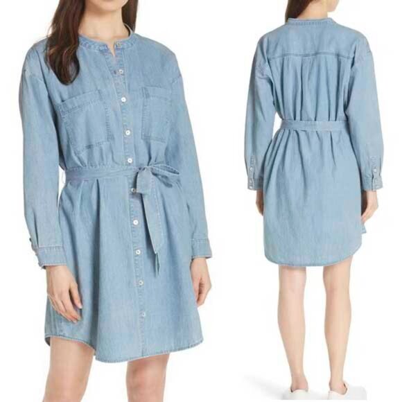 Eileen Fisher Womens Organic Cotton Drapery Denim Shirt Dress with Tie S NWT - Picture 1 of 14